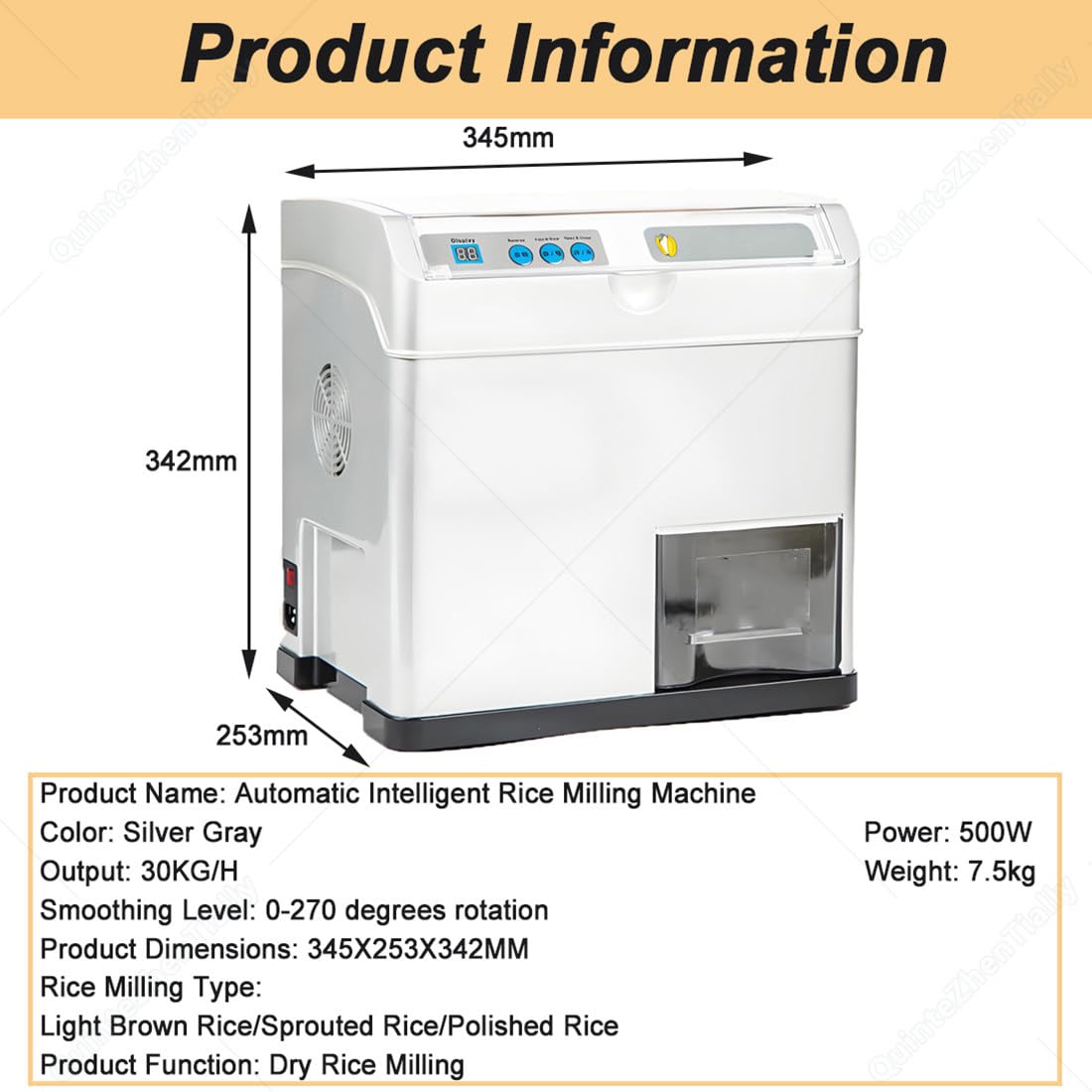 Fresatrice Automatica Riso 500 W,Grigio Argento | Manopola Lucidatura Regolabile 0-270 Gradi,Lavorazione Grano 30kg/H,per Sgranatura Sgranatrice Riso Uso Domestico