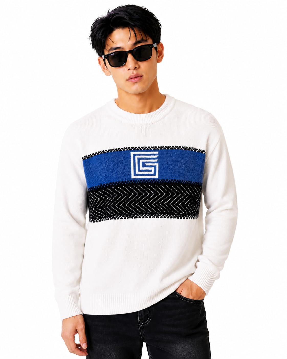 Men's Self Design Round Neck Full Sleeve Soft Knit Winter Pullover | Regular Fit Casual Geometric Pattern Sweater for Men-Blue-XL-picture-15