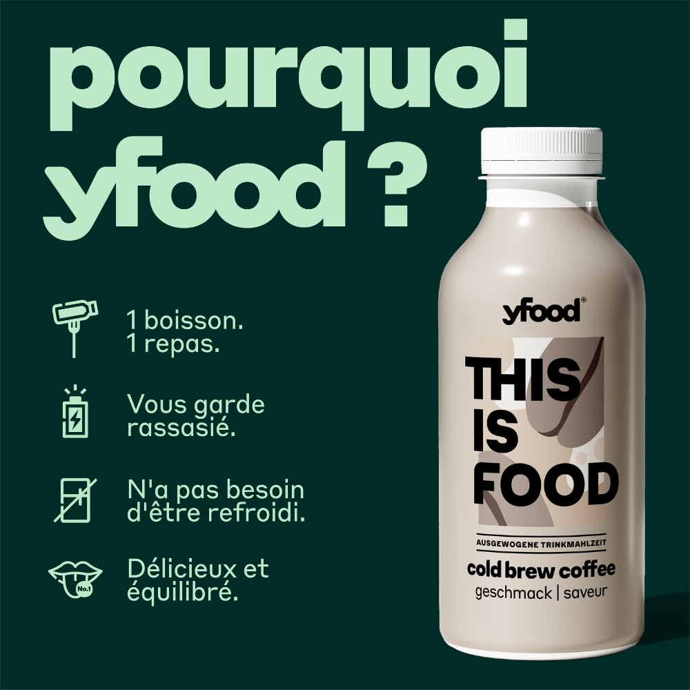 yfood Cold Brew Coffee, repas prêt à boire, THIS IS FOOD, substitut de repas, 30 g de protéines, 26 vitamines et minéraux (12 x 500 ml), goût café avec caféine