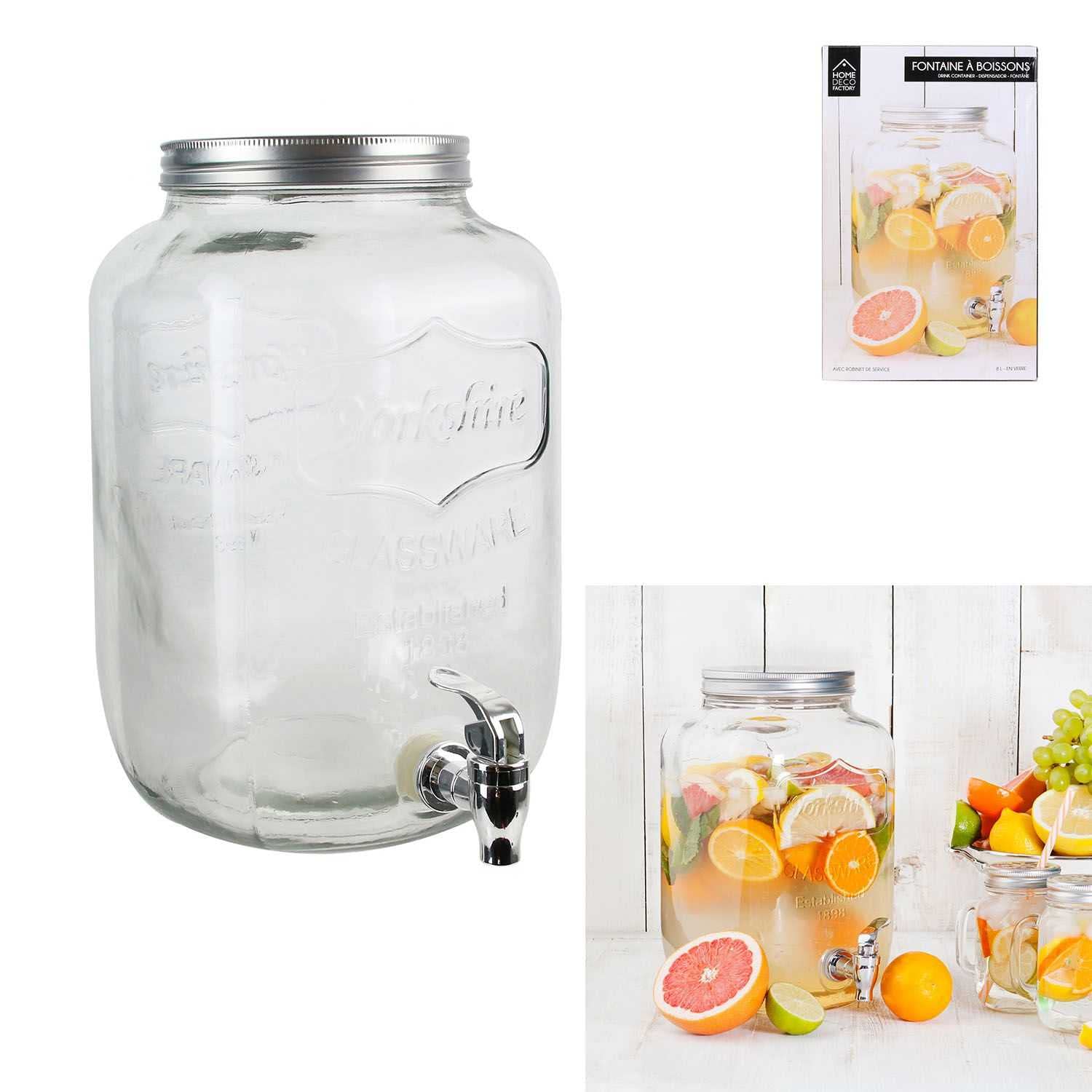 HOME DECO FACTORY - KV7177, Dispensador de Bebidas de Vidrio con Amplia Apertura y Grifo de Servicio, Diseñado para Toda la Familia, Ideal para Tus Bebidas - Capacidad: 8 L (Paquete de 2)