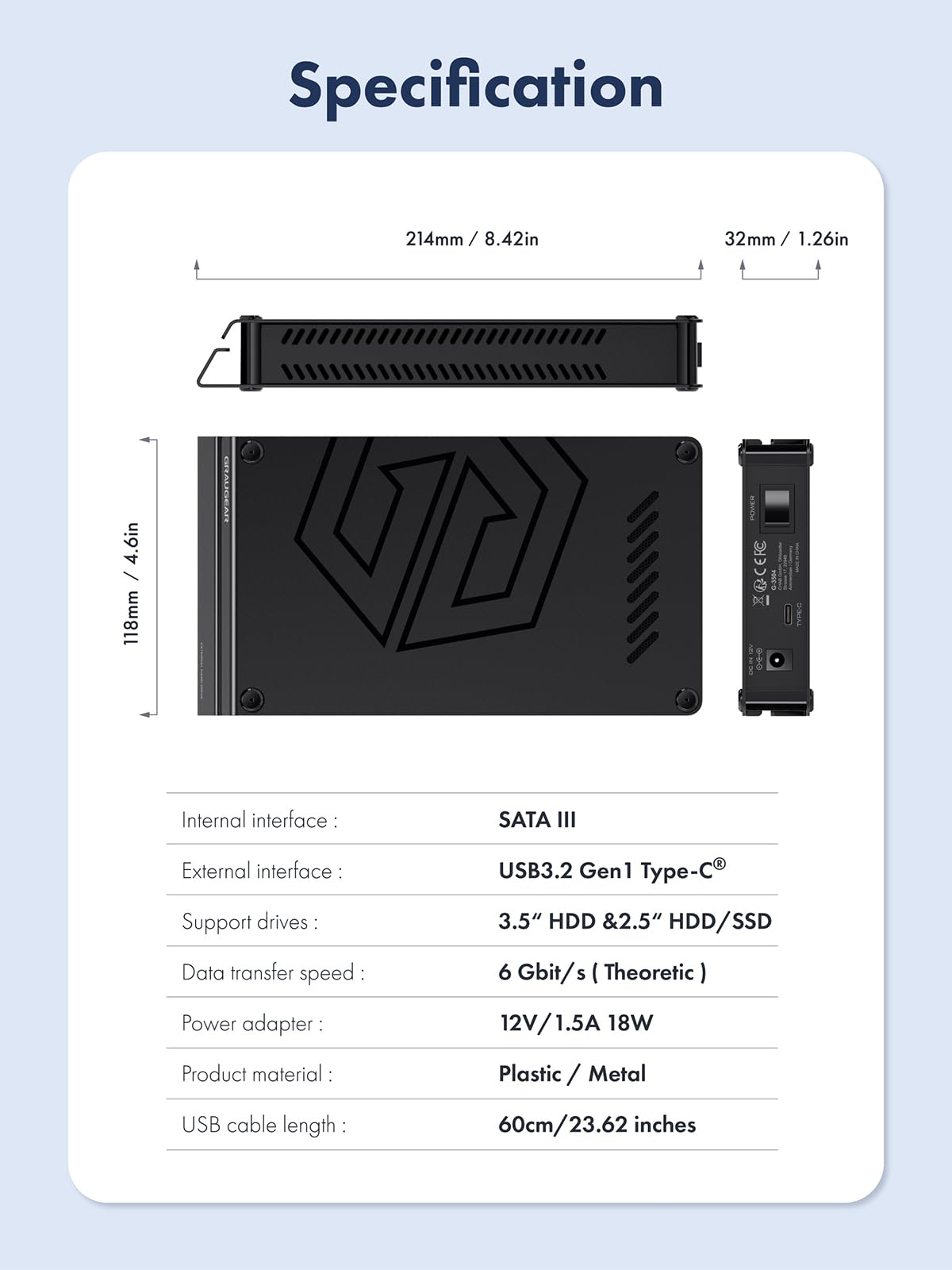 GRAUGEAR 4TB HDD, 3,5 pollici, USB GRAUGEAR, Disco rigido esterno da 4TB in alluminio per PS4 & PS5, Formattato per PS4 e PS5 USB-A&C, con alimentatore, G-3504-4TB