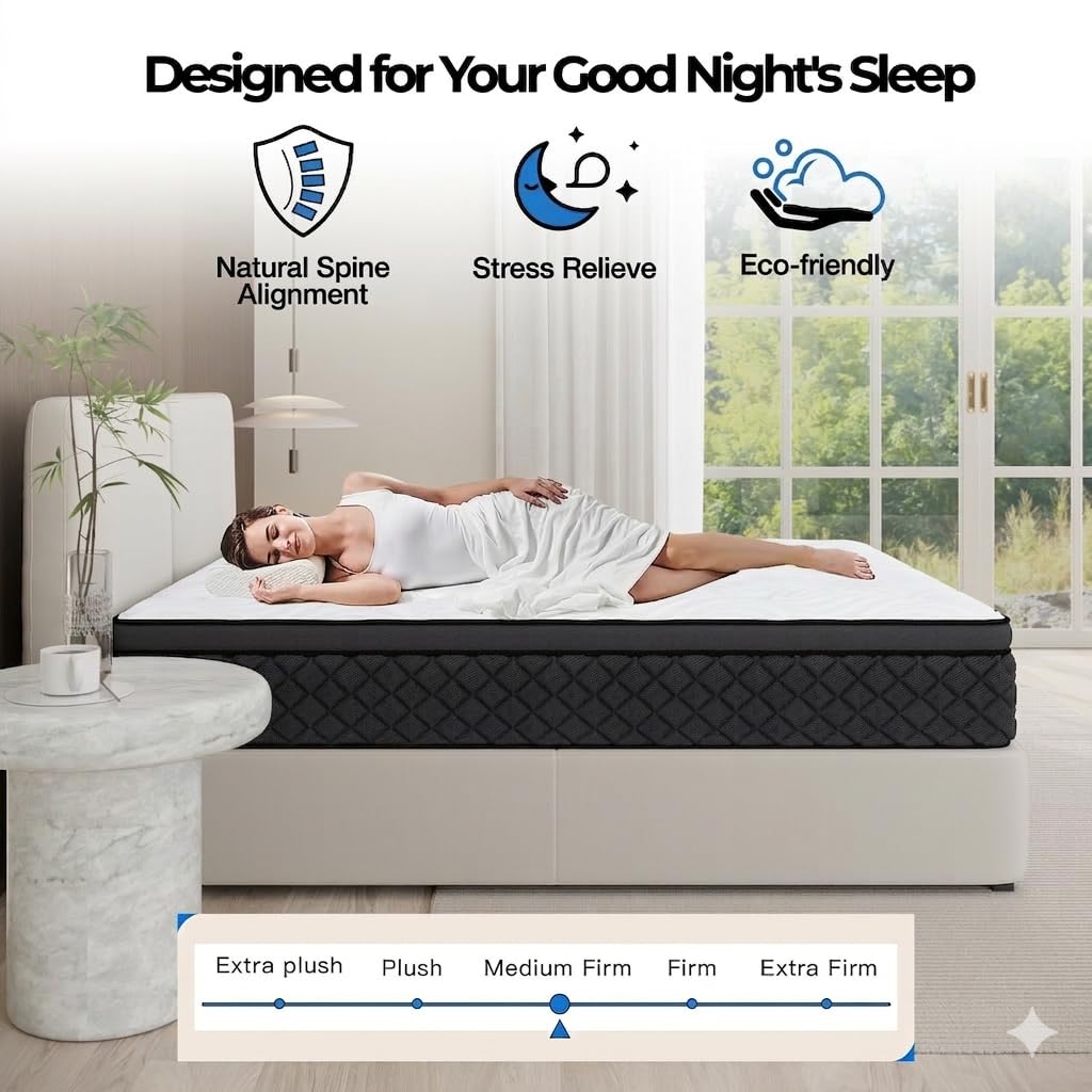 Azure - Colchón individual de 90 x 190 x 30 cm, híbrido de espuma viscoelástica de gel de 12 pulgadas, muelles ensacados ortopédicos de 7 zonas, firmeza media, sistema Wave Comfort, aislamiento de