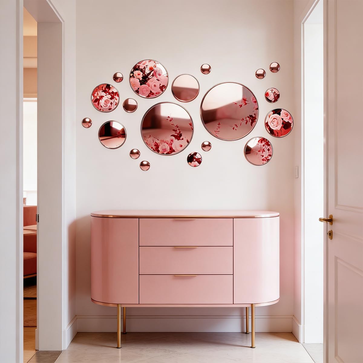 33 Pcs Acrylic Round Mirrors, Rose Gold Circle Mirror Tiles Self Adhesive Mirror Stickers for Wall Home Living Room Bedroom Decor, Removable Small Decorative Mirrors for Crafts, Wall Decor (Small)