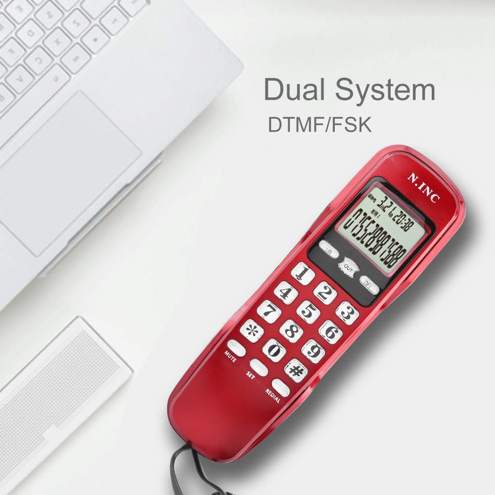ASHATA Wandtelefon Schnurtelefon, LCD Schnurgebundenes Telefon FSK/DTMF Dual Anrufer ID Kompakttelefon,Multifunktion Schnurgebundenes Analog Telefon für Hause Büro usw.(Rot)