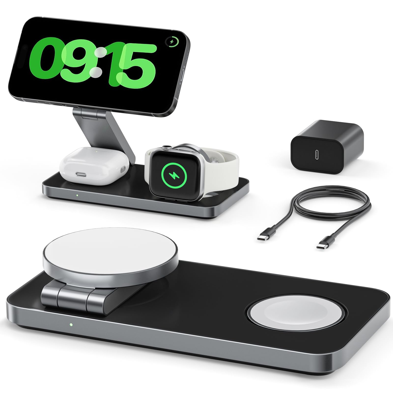 Stazione di ricarica wireless 3 in 1 per dispositivi Apple, supporto magnetico pieghevole da viaggio compatibile con MagSafe per iPhone Air/serie 17/16/15/14/13/12, Apple Watch e AirPods Pro/3/2, nero