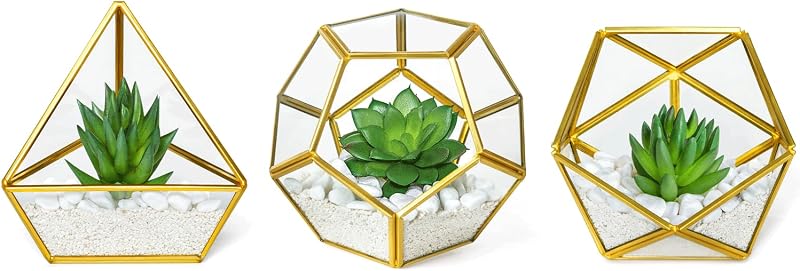 3 Pack Fake Succulents in Geometric Glass Terrarium Gold Office Decor | Lifelike Mini Fake Plants, 3 Shapes Metal Frame Pots, Fits Desk Shelf Office Home, No Maintenance, Gift Idea for Women Girls
