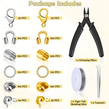 Acejoz 1203 Pcs Crimp Beads Supplies for Jewelry Making, Including Crimp Covers, Crimp Tubes and Wire Guardians, Lobster Clasps, Jump Rings, Crimping Pliers and Beading Wire for Bracelets Making