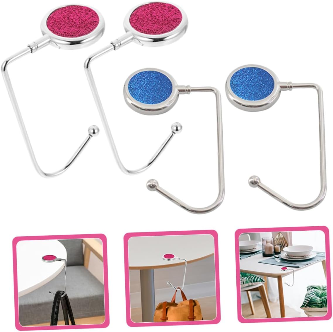 SHOWERORO Table Bag Hanger Hook 4pcs, Desk Handbag Holder with Rhinestone Decoration, Portable Purse Hangers for Backpack and Tote Bags, Suitable for Office and Home Use