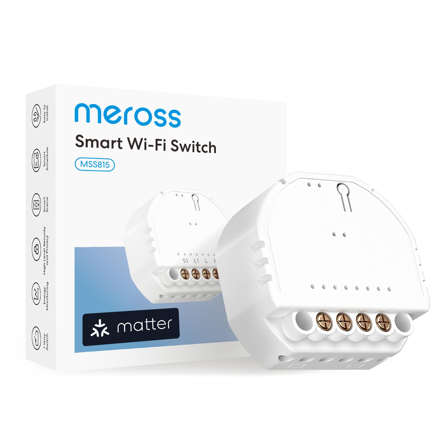 Meross Interruptor Inteligente Matter para Caja Empotrada 60mm, Cable Neutro Requerido, Control de Luz y Monitoreo Consumo Eléctrico, Compatible con Apple HomeKit, Alexa, Google Home y Home Assistant