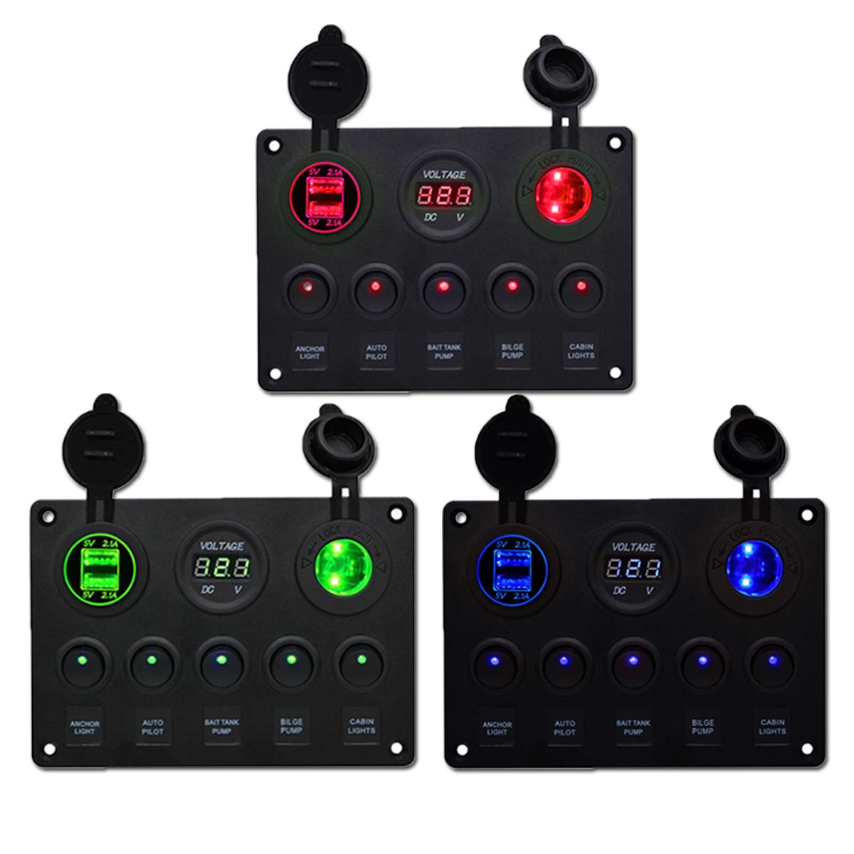 Wielofunkcyjny panel przełączników, Baceyong gniazdo 12 V, ładowarka USB, woltomierz cyfrowy, wodoodporny panel z 5 przełącznikami kołyskowymi wł./wył., pasuje do samochodów TV/ATV, ciężarówek, przyczep kempingowych, autobusów