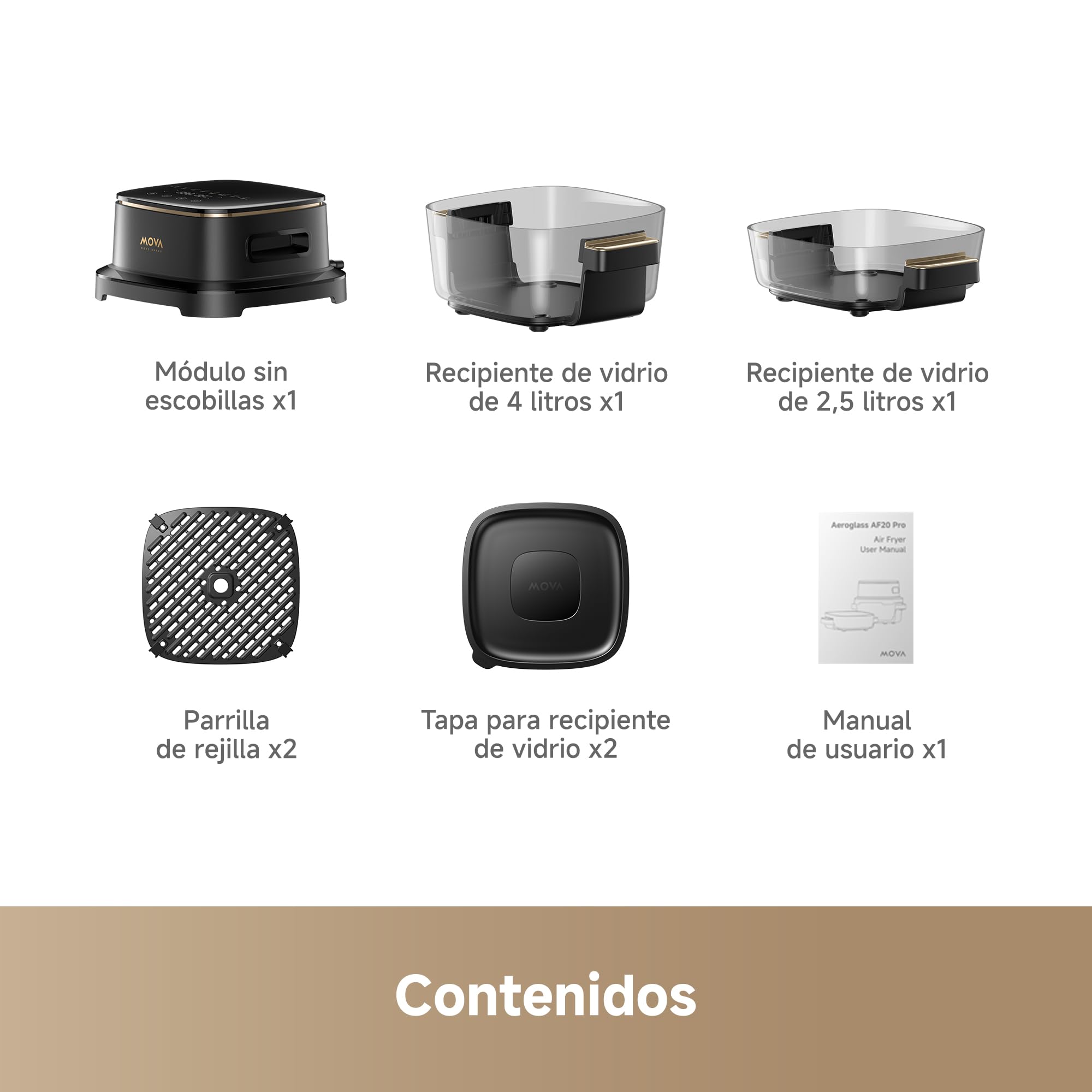 MOVA Aeroglass AF20 Pro Freidora De Aire Sin Aceite interior vidrio transparente, doble capacidad 4L+2,5L, recipiente vidrio, motor sin escobillas, 8 recetas inteligentes, control 40℃-185℃.