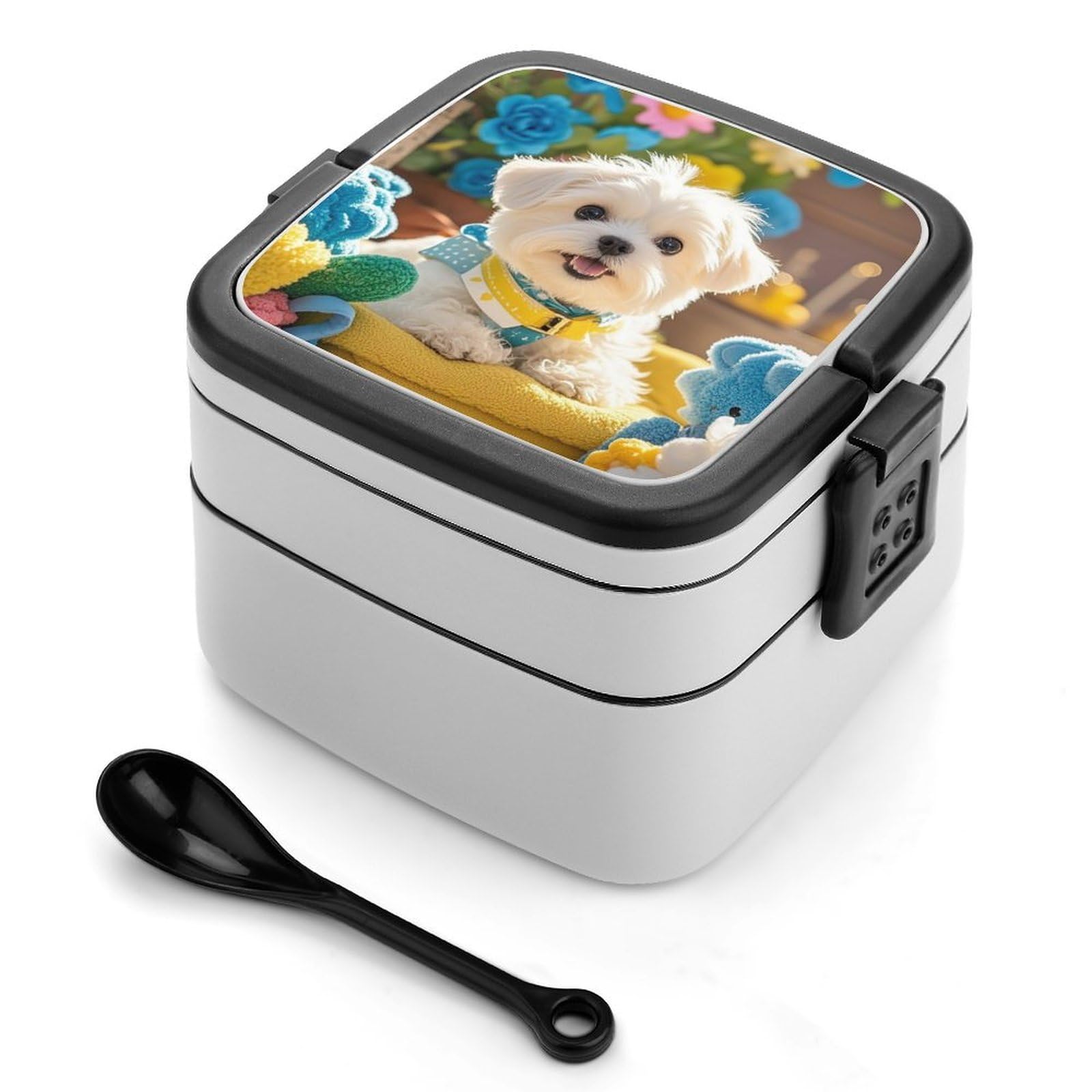 VstaDank Cute Maltese Puppy Bento Box with Compartments Portable Lunch Containers with Spoon Leak Proof Bento Lunch Box Snap-On Design Double-Layer Insulated Lunch Boxes for Work Camping