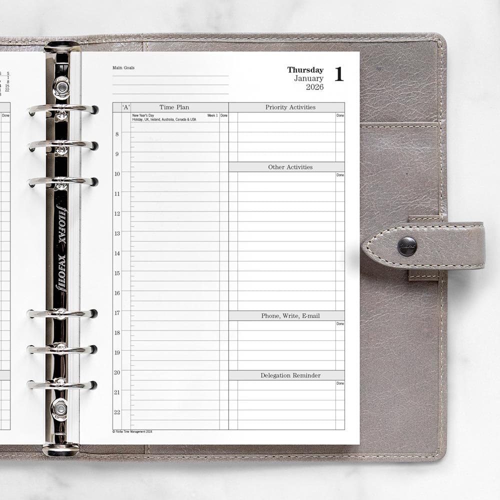 Filofax Ricarica agenda calendario, formato A5, un giorno su due pagine con appuntamenti, gestione del tempo, libro bianco, inglese, 2026 (CTM7031-26)