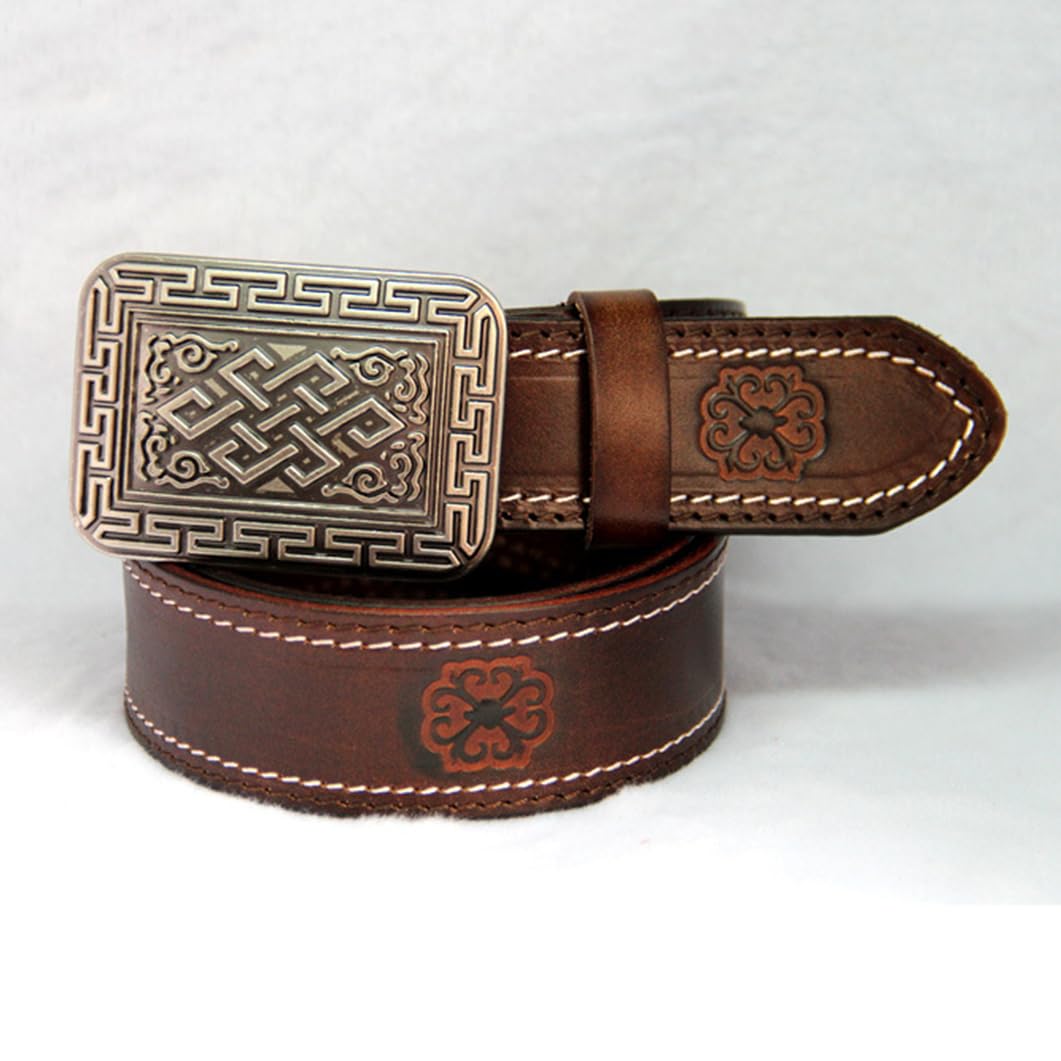 Donna Uomo Cintura Cucita Vera Pelle Vintage Western Cinturino con Stampa Country Fibbia Quadrata Argentata Fiore Inciso(125cm/49, Brown)
