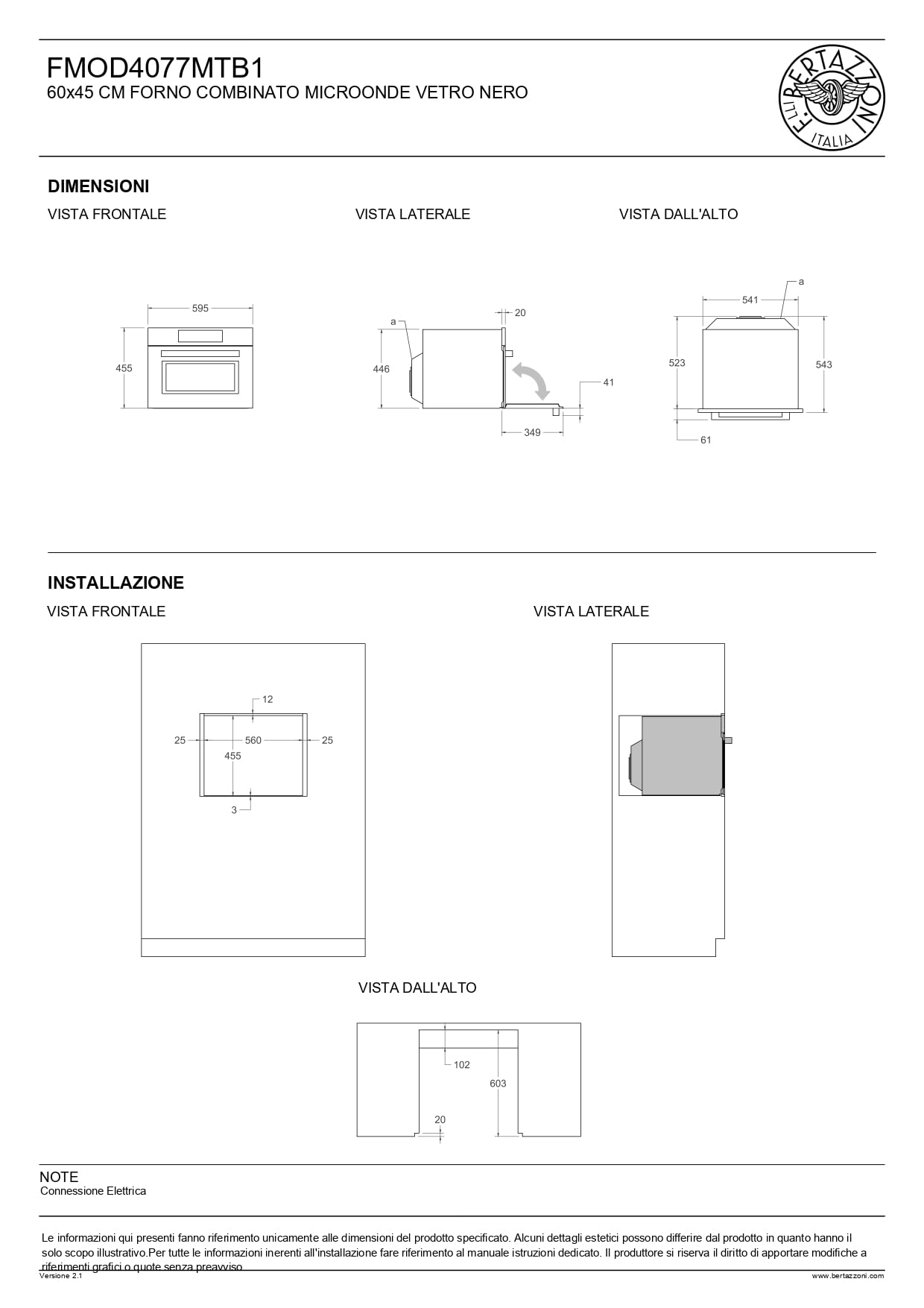 F.LLI BERTAZZONI MODERNFMOD4077MTB1, Forno Microonde Combinato da Incasso, Serie Modern, 30L, 7 Funzioni, Touch TFT, Grill e Ventilato, Vetro Nero, Design Italiano, cm 60x45