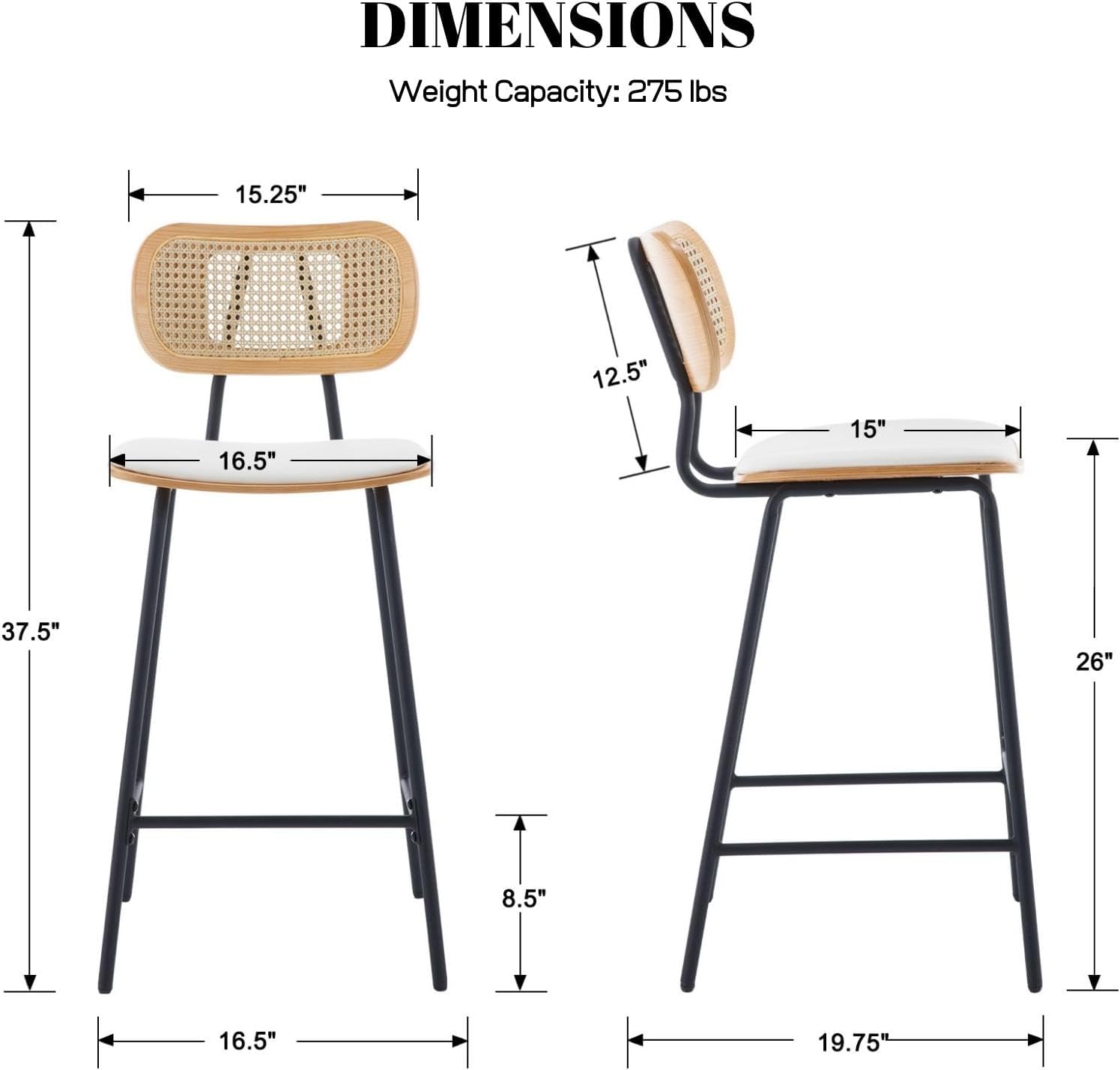 DUOMAY Modern Bar Stools Set of 4, 26" Counter Height Barstools with Rattan Back, PU Upholstered Kitchen Island Chair with Black Metal Legs for Home Bar Coffee Shop, White