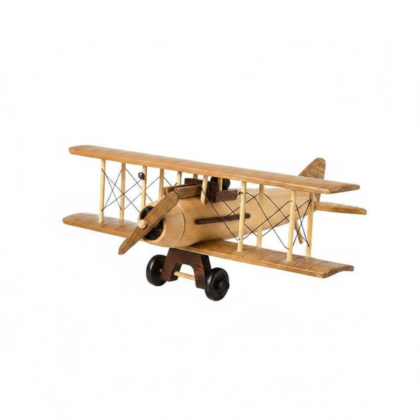 Holzflugzeugmodell Holzoptik Vintage Flugzeugmodell Antiker Look Flugzeug Deko, Doppeldecker-Flugzeugmodell, Holz, Hellbraun, 29x28x11 cm