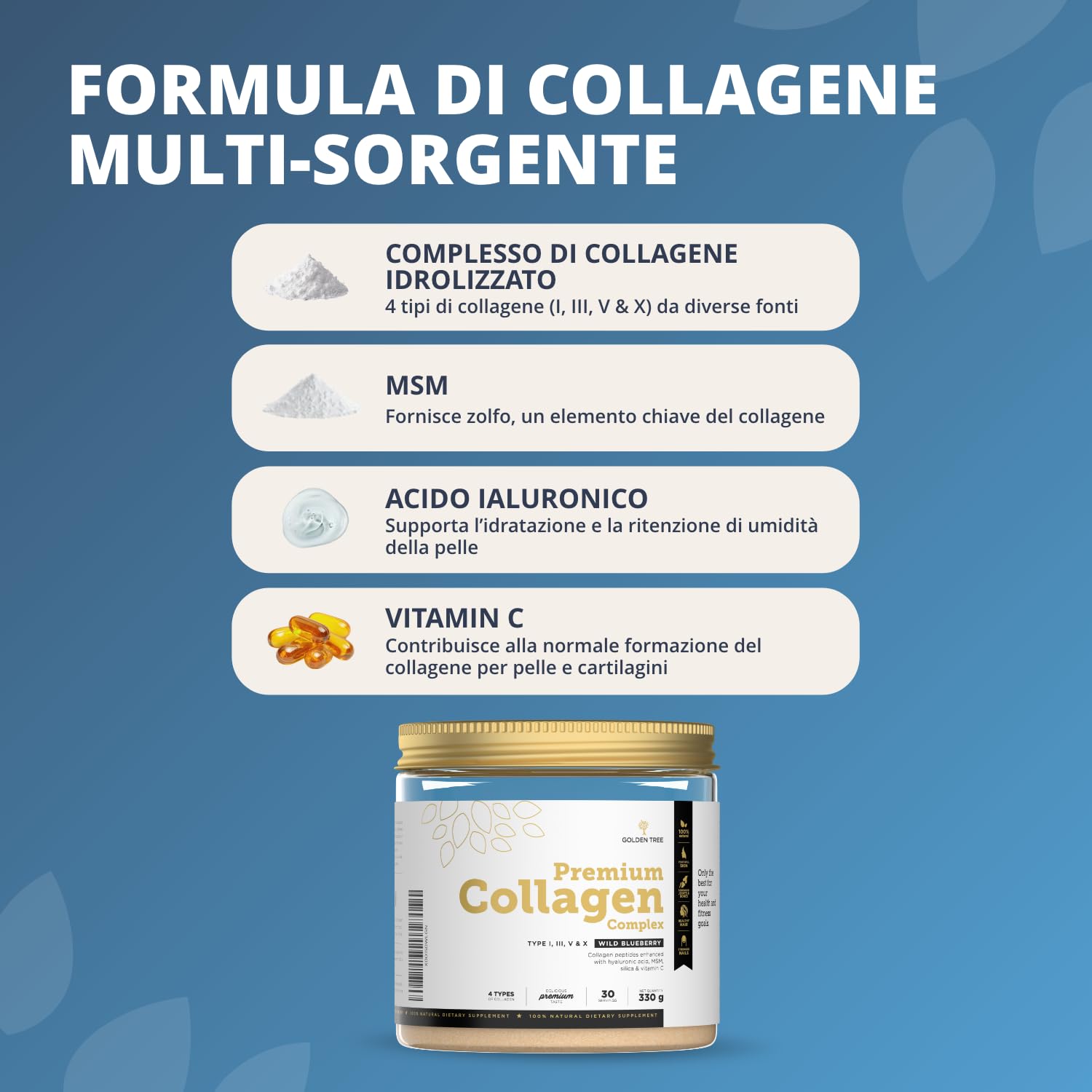Golden Tree Premium Collagen Complex, 330 g, 30 Porzioni | Collagene in Polvere, Con MSM, Acido Ialuronico, Vitamina C, Silicio, Tipi I III V X