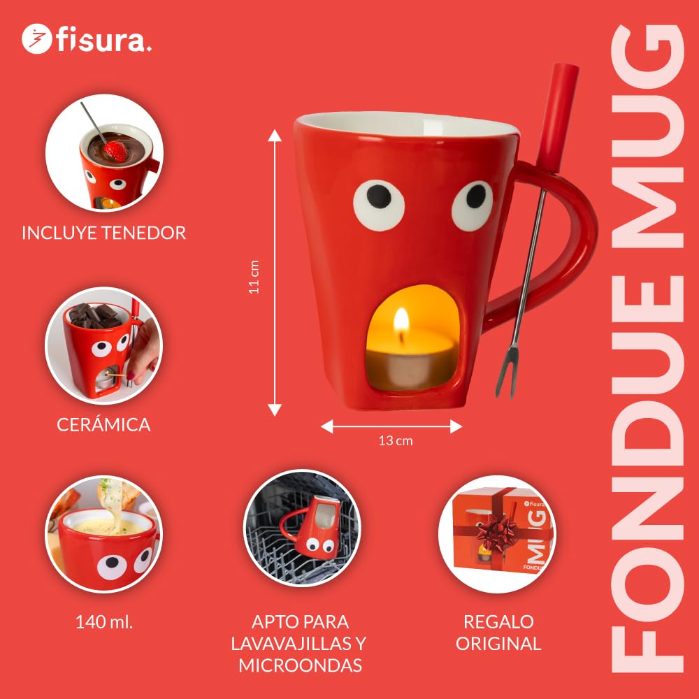 Fisura – Taza fondue chocolate original. Fondue de queso con taza y tenedor. Taza roja con estampado de ojos para fondue. Taza original para regalo. 140 mililitros