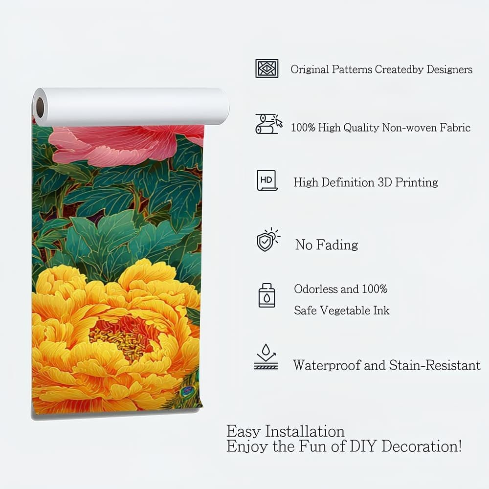 Grandi Murali Poster Lussuosi Fiori di Pavone Carta da Parati Tessuto Non Tessuto 250x175 cm Oro Carta da Poster Panoramica, Fotomurale Decorativo per Pareti Interne