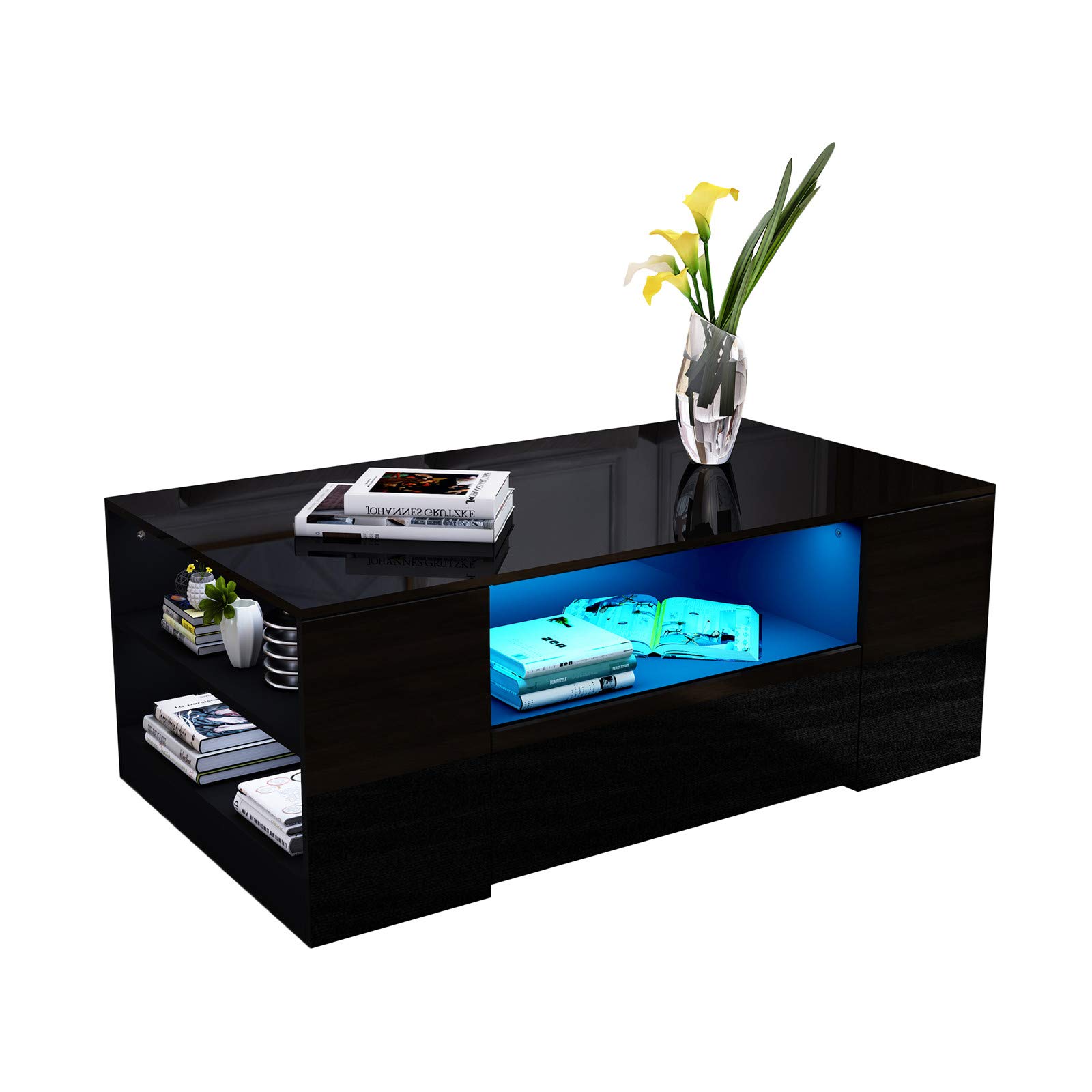LED Coffee Table for Living Room, Black Gloss Centre Table 5 Open Shelves