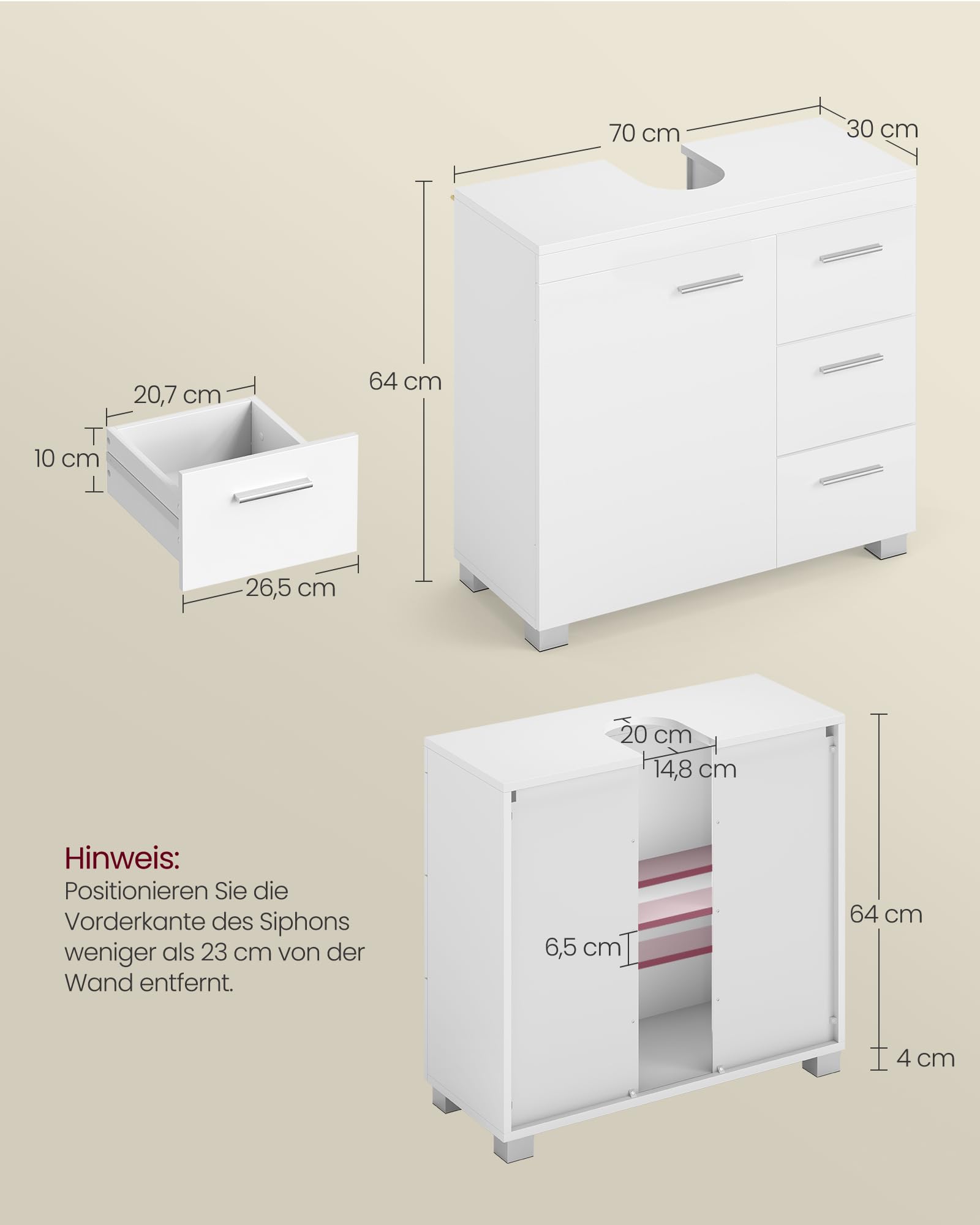 VASAGLE Waschbeckenunterschrank, Badezimmerschrank, 3 große Schubladen, 30 x 70 x 64 cm, Badschrank, 2 Fächer hinter der Tür, Badezimmer-Unterschrank mit Füßen, wolkenweiß BBK503W10