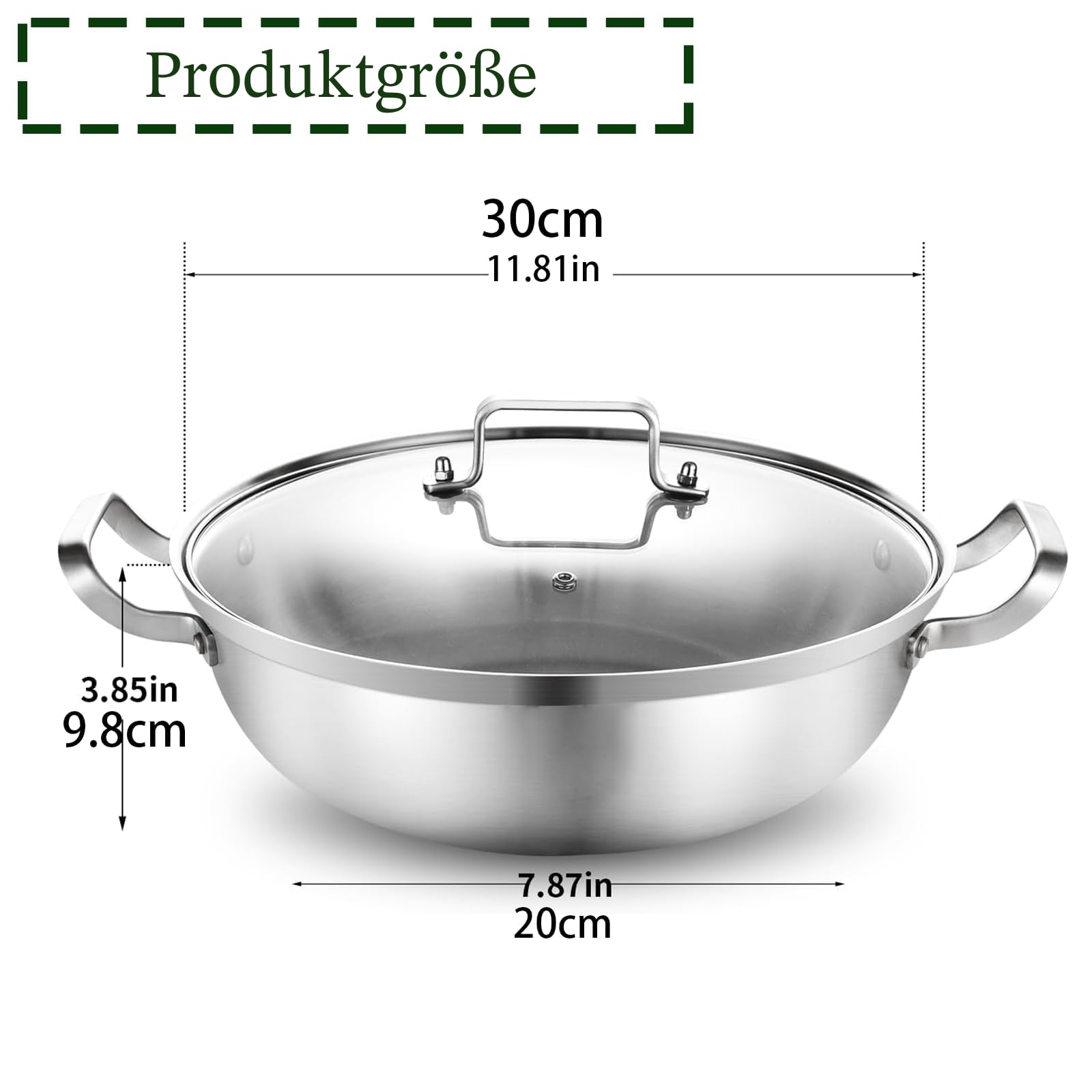 Servierpfanne 30 cm Hond Rand,Edelstahlpfanne Unbeschichtet,Große und Tiefe Pfanne ohne PTFE und PFOA, Für Alle Herde Mit Gleichmäßiger Wärmeverteilung,Ideal Für Familienkochkunst