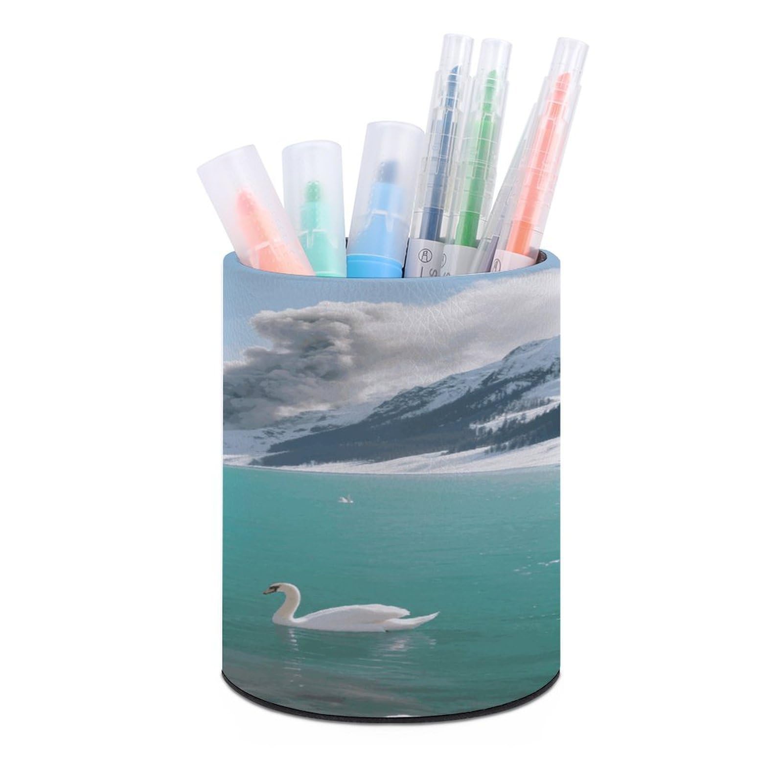 FekiLoot PU Leather Round Pen Holder Alpine Lake View Pencil Holder Desk Organizer Pen Organizer Pen Cup Pencil Cup Caddy Desktop Stationery Organizers for Office Home Supplies