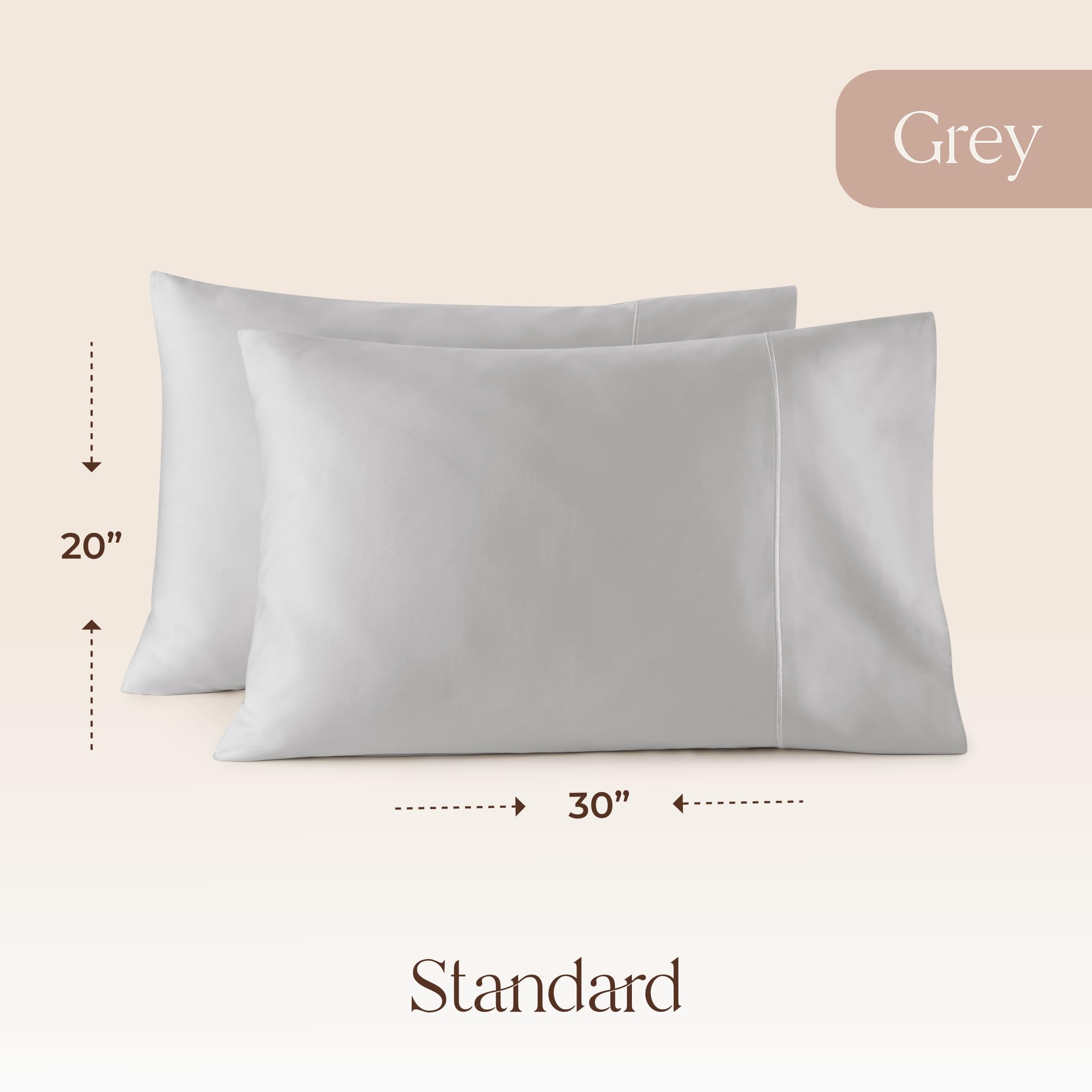 Whisper Organics Juego de fundas de almohada 100 % algodón orgánico, 500 hilos, certificado GOTS (estándar, gris)