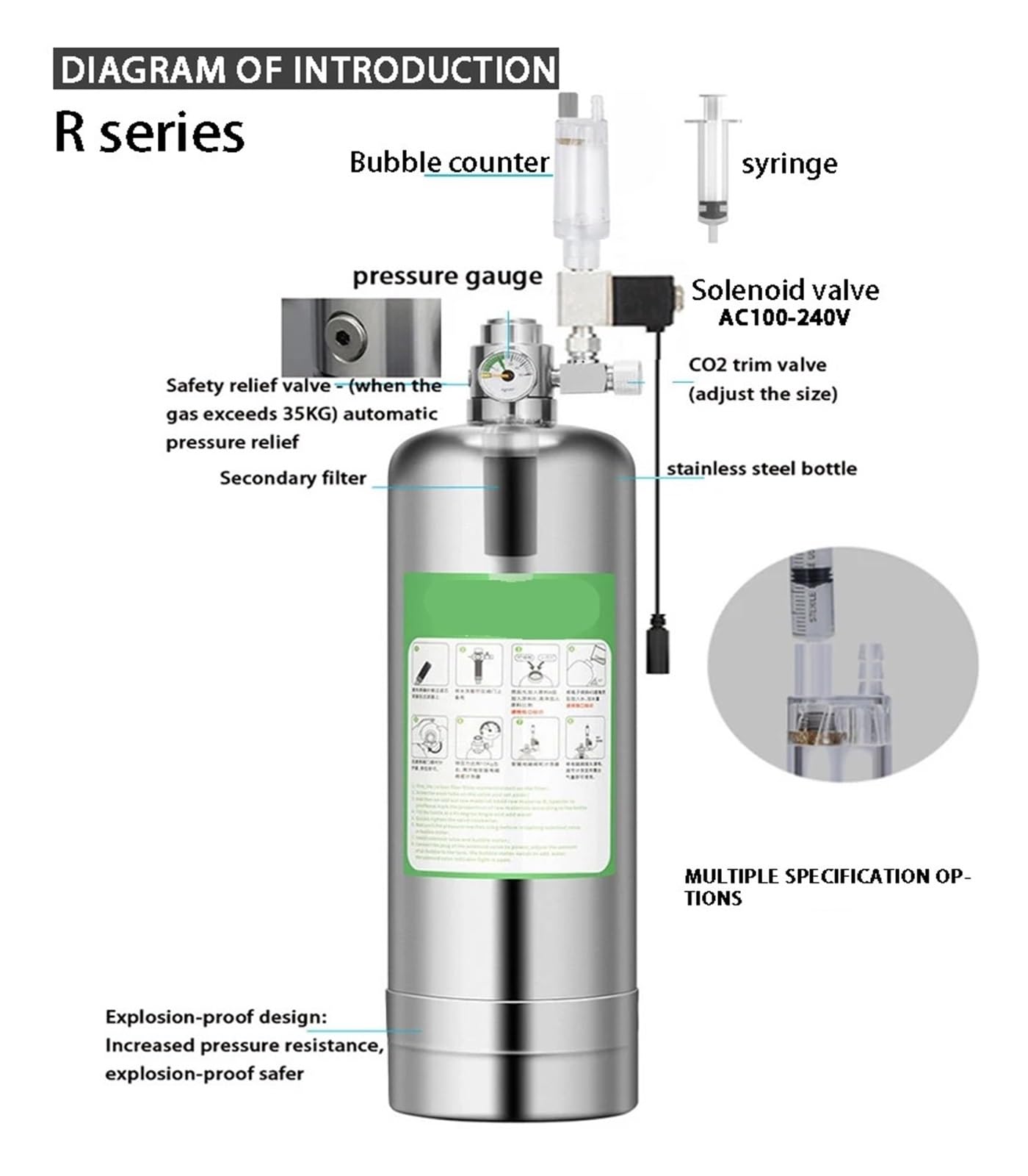 Kit de Sistema generador de CO2 DIY for Acuario, Sistema generador de Cilindro de CO2 de Acero Inoxidable, Kit de Reactor de dióxido de Carbono for Plantas y Peces(1L)