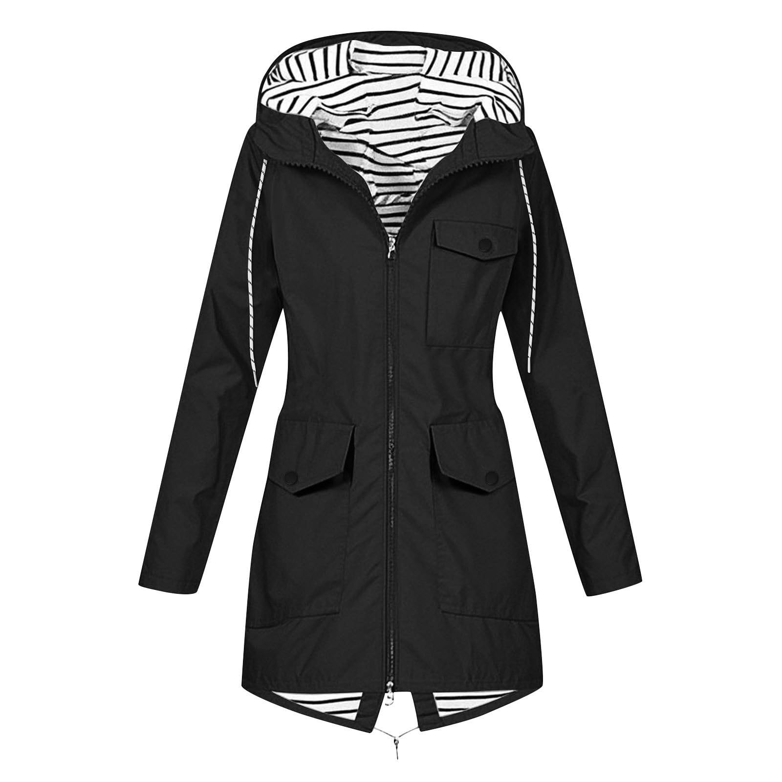 Genérico Impermeable Mujer,Chaqueta Impermeable Larga Y Ligera con Capucha Y Rayas Anorak Elegante para Cualquier Clima