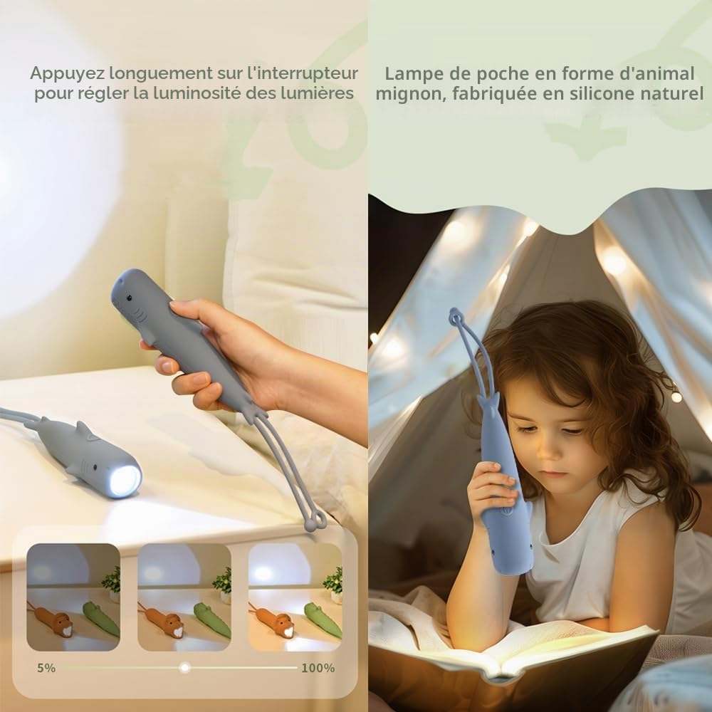 Rechargeable requin LED lampe de poche, mignonne lampe de poche en silicone en forme d'animal, Confortable Touch Long Press pour régler la luminosité éclairage extérieur Lumière créative.