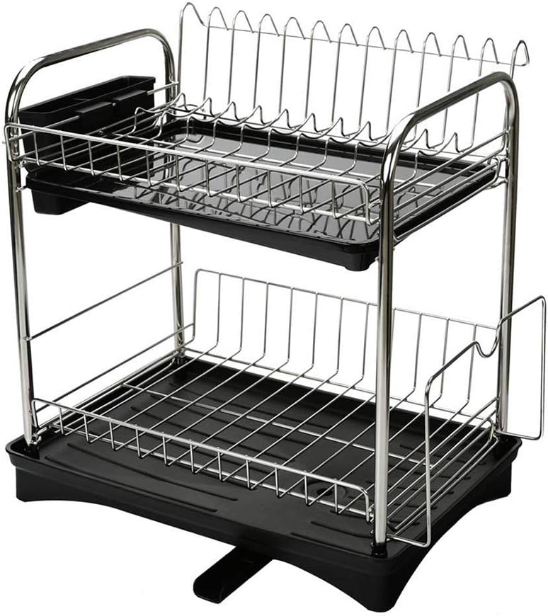 Ideal Swan 2-Stage Dish Drying Rack, Premium Stainless Steel Dish Dryer Drainer Rack with Movable Drain Nozzle with Cutlery Pocket with Cutting Board Holder Tableware Kitchen Rack