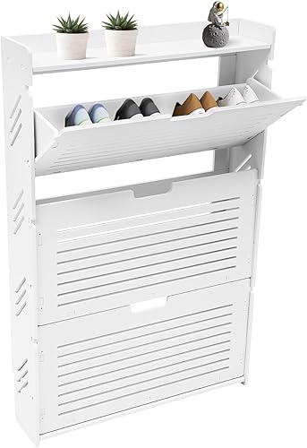 Armario de almacenamiento de zapatos de 3 capas, zapatero blanco con parte superior, organizador de zapatos independiente para entrada, puertas con
