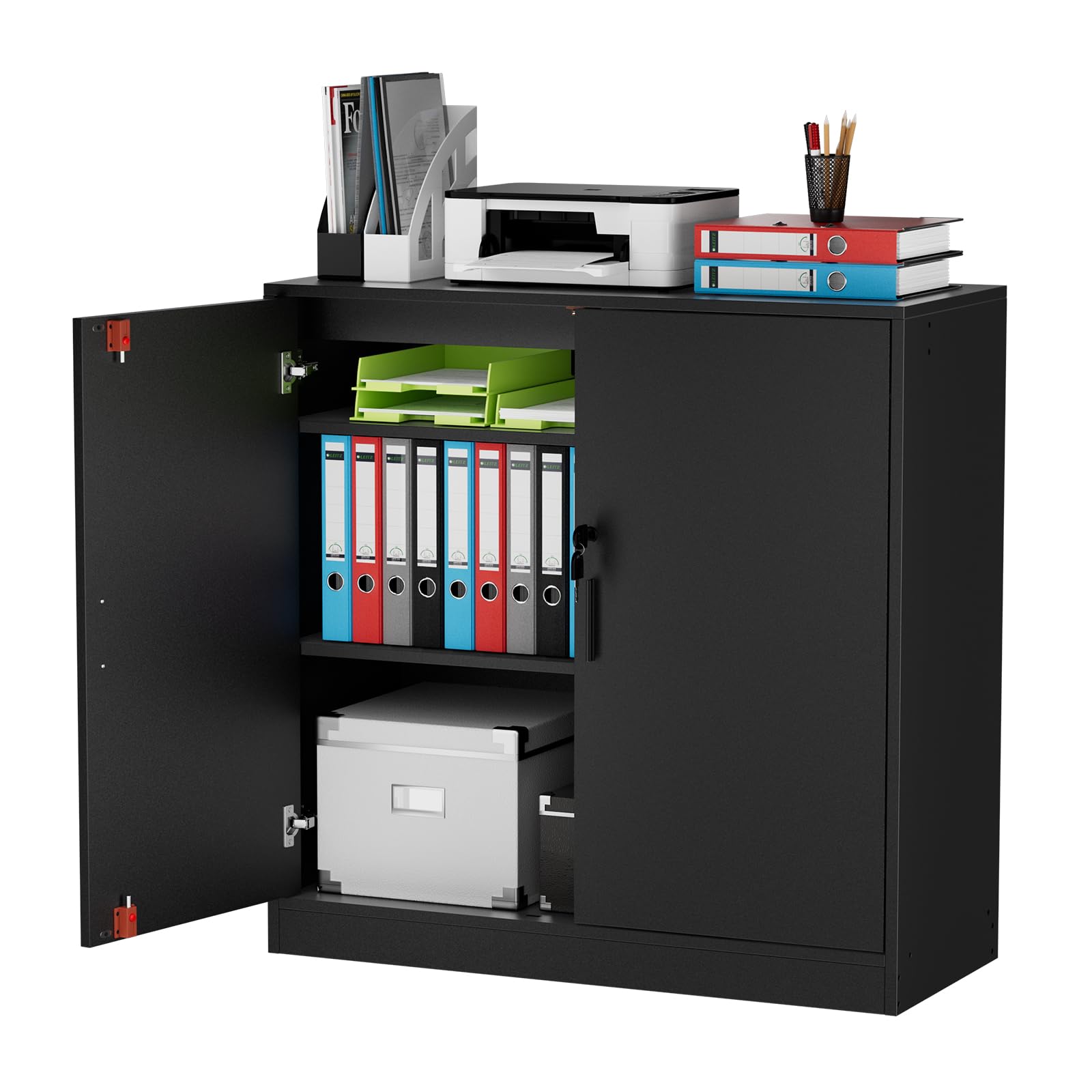 Armoire de Bureau, Meuble Rangement Bureau Fermant à clé, 15mm Armoire de Rangement pour Garage Salon Chambre Buffet Imprimante Papier Administratif avec 2 Porte, Placages Réglables, Noir
