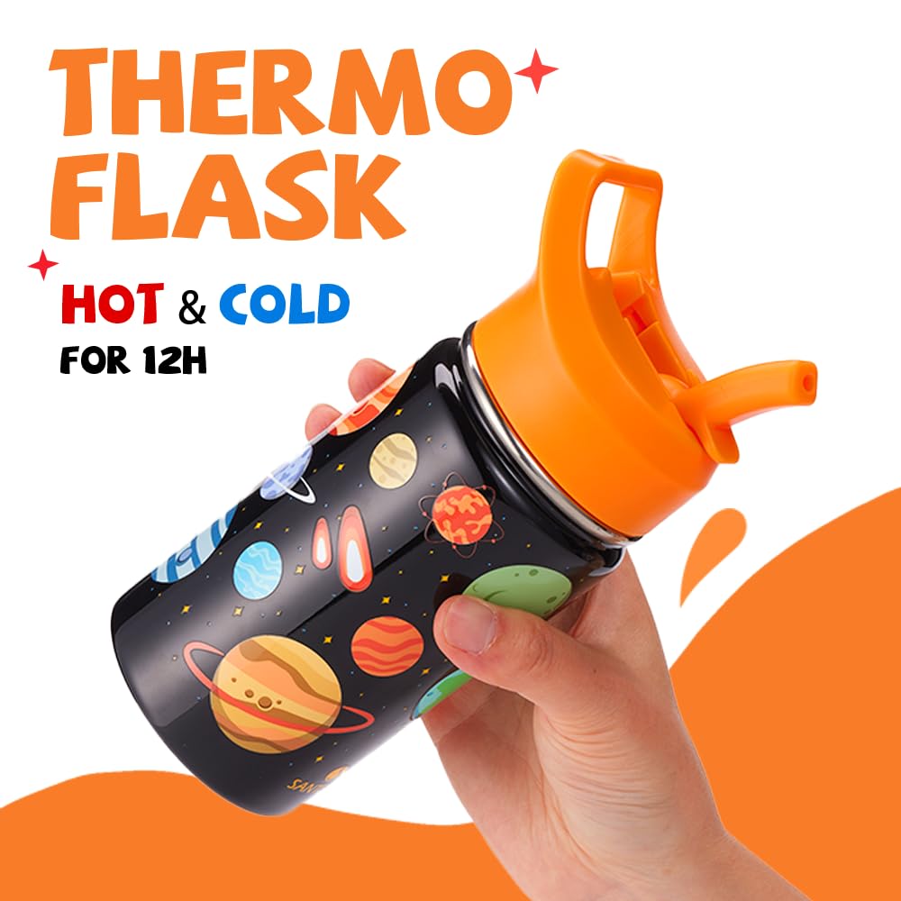 SANTECO Borraccia Bambini Acciaio Inox, Senza BPA, 380ml Borraccia Termica a Prova di Perdite con Cannuccia per Scuole, Facile da Pulire