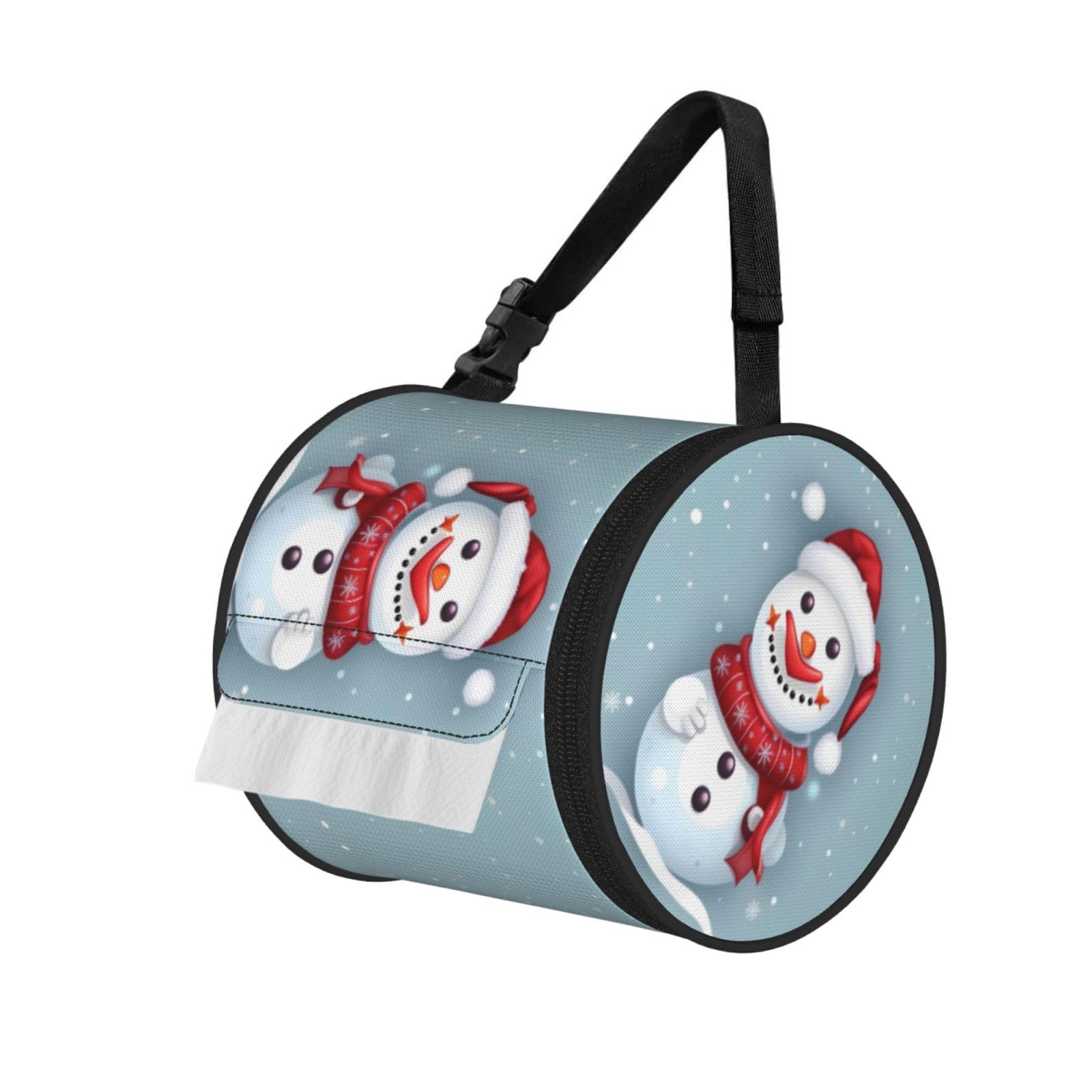 Jiuty Black Merry Christmas Lovely Snowman Print Cylinder Tissue Organizer Bag With Strap, Portable Toilet Roll Holder For Camping Car