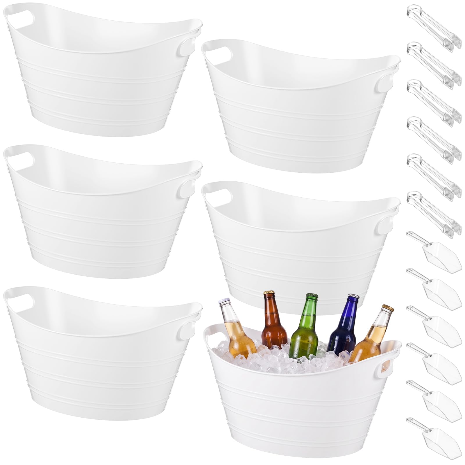 meekoo Juego de 6 cubos de hielo de plástico a granel con asas, incluye 6 recipientes ovalados de almacenamiento, 6 cucharas de hielo y 6 pinzas para barbacoa, boda, fiesta, bar, vino, cerveza