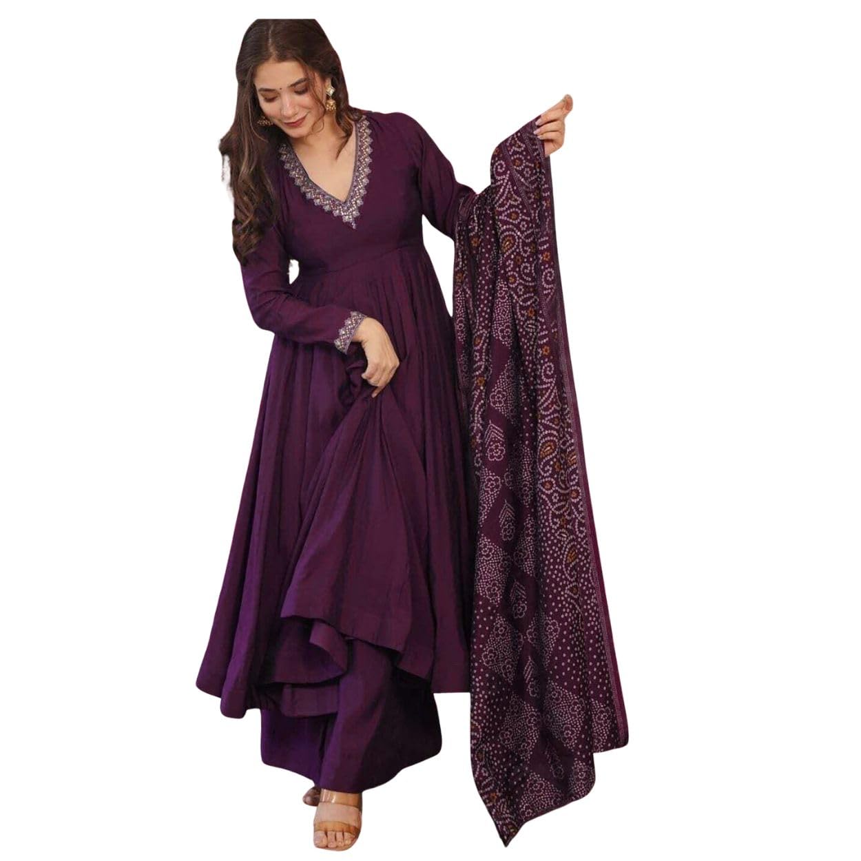 Women’s Vichitra Embroidered Anarkali Palazzo Dupatta Set | Purple Taara Suit | 3/4 Sleeve Anarkali Kurta with Vichitra Palazzo & 2.2m Chanderi Lace Dupatta