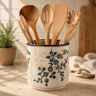 Rustic Ceramic Utensil Holder, Green Brown Floral Utensil Crock | 5.5 Inch Kitchen Utensil Holder for Countertop, Cooking Tool Caddy for Spatulas, Spoons and Ladles