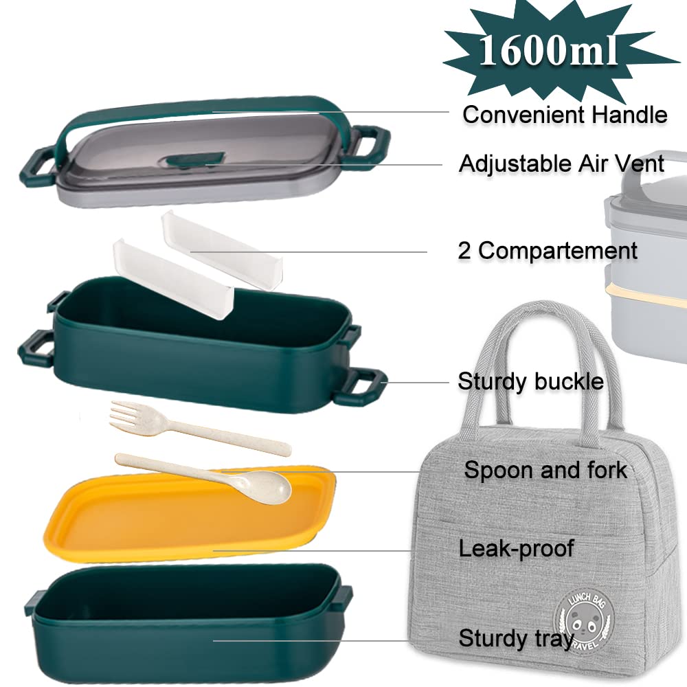 Lunch Box Kit, 1600ml Ermetico Porta Pranzo con Borsa Termica, Schiscetta Pranzo Microonde Contenitore Pranzo per Adulti Ufficio Picnic Scuola(Verde)