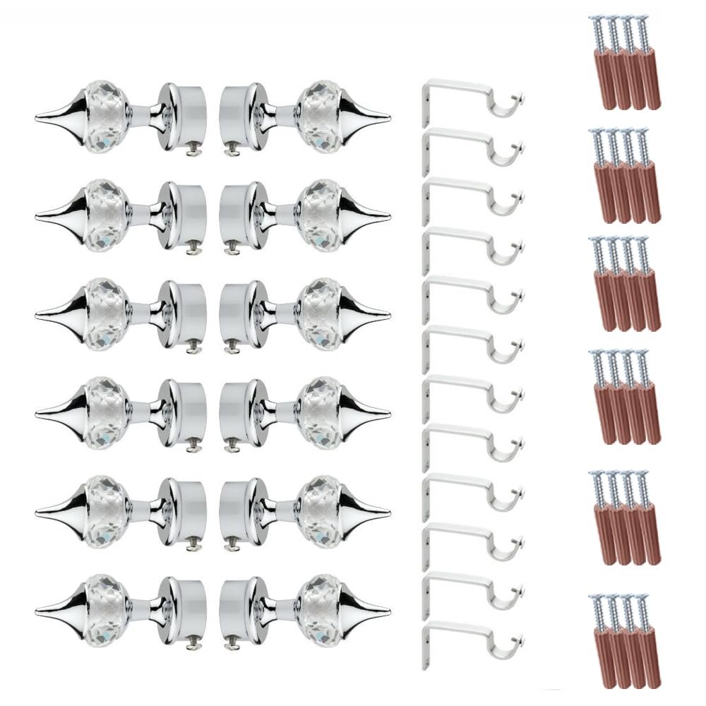 GLOXY Silver One Diamond Curtain Bracket with Finials Combo Pack of 6 Pairs - Curtain Holder for Wall - Aluminium Parda Holder with Support Fittings and 1 Inch Rod Pocket Finials for Window and Door