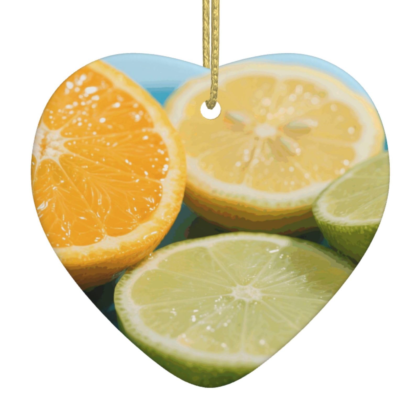 Lemon Christmas Ornament 2025 Heart Ceramic Hanging Ornaments for Home Decor Christmas Decorations with Gold Rope Double-Sided Xmas Tree Ceramic Hanging for Holiday Party