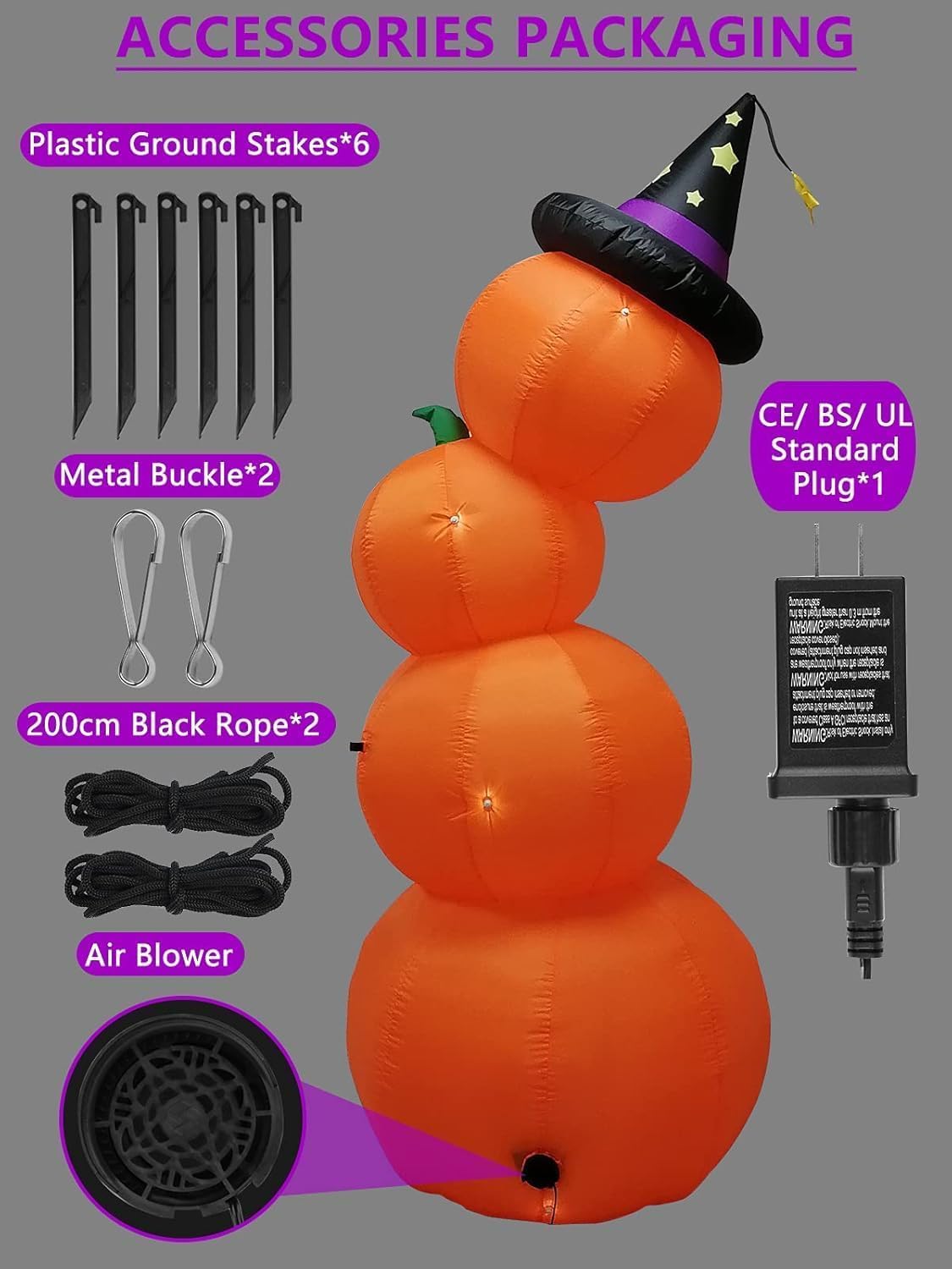 7.9 stóp wysokości Halloween nadmuchiwane ułożone dynie, Kalolary wysadzenie powietrze latarnie dyniowe Dekoracje z wbudowanymi światłami LED Outdoor Indoor Holiday Decor domu Family Yard Lawn Garden