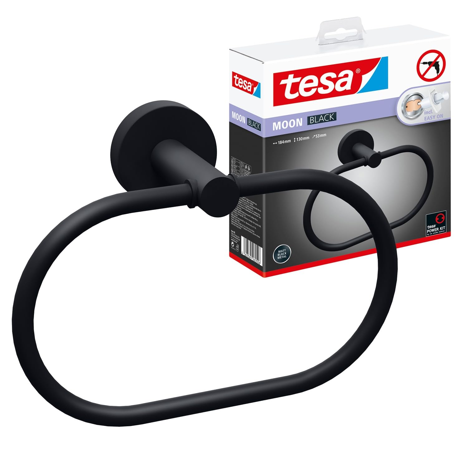tesa Anilla de Toallas Moon Black, Negro Mate, autoadhesiva, tecnología de Montaje Adhesiva, 53 mm x 184 mm x 130 mm