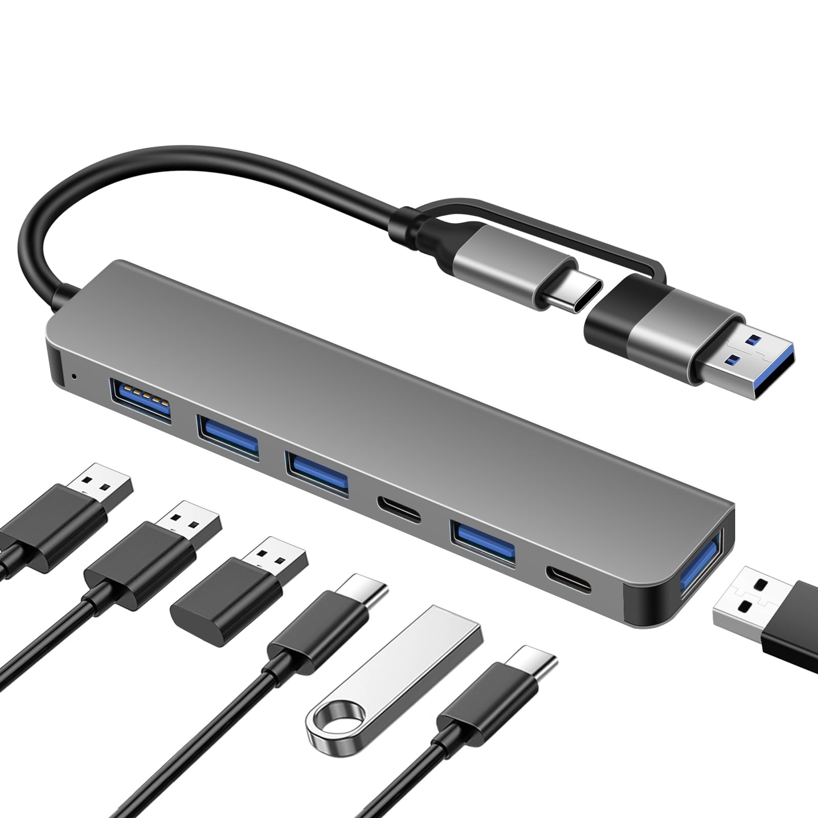 Hub USB 7-en-1 Double-Tête, Connecteur USB-A & USB-C, 1× USB 3.0, 4× USB 2.0, 2× USB-C, Adaptateur Haute Vitesse
