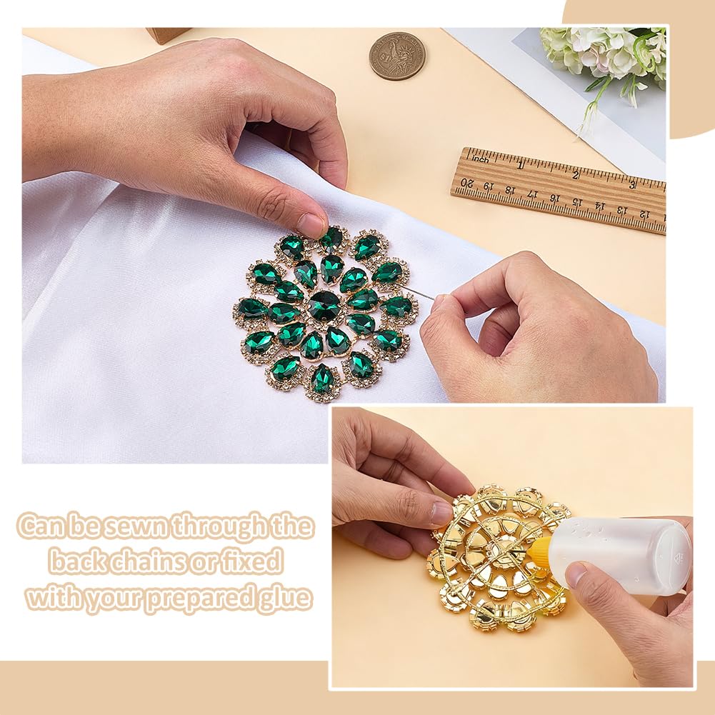 FINGERINSPIRE Runde Strassblumen Applikation 85mm Durchmesser Zum Aufnähen Grüne Tropfenförmige Strassapplikationen Mit Messingfuß Runde Blumenform Verzierung Für DIY Bastelarbeiten Kleider Taschen