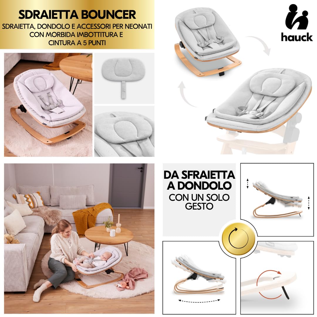 hauck Seggiolone Pappa Arketa Newborn Set Eco Bouncer – Seggiolone Evolutivo Legno Regolabile per Crescere insieme fin dalla Nascita, incluso Sdraietta Neonati e Cuscino (Faggio - Whitewashed Menta)