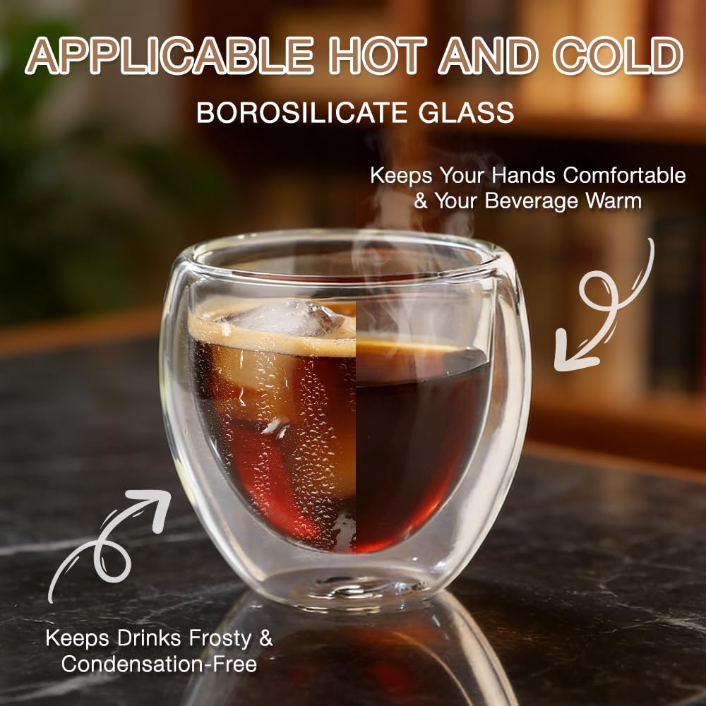 ElbFuchs® Dubbelwandige Espresso Kopjes [4x 150ml] – Stapelbaar Ruimtebesparend – Warmte-isolatie met Handvat – Praktisch Ontwerp van Kristalglas