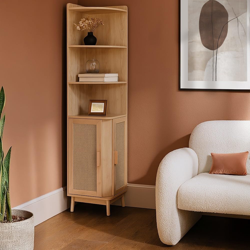Box and beyond – Mueble esquinero – 40 x 40 x 172 cm – Madera, cannage – Almacenamiento – Salón, dormitorio, oficina, estilo bohemio y vintage